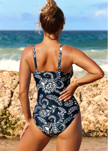 Navy swimwear,Tribal swimwear,ROTITA Navy Blue Tribal Print Wide Strap One Piece Swimwear