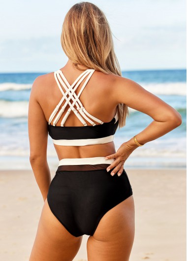 Black swimwear,Contrast Color swimwear,ROTITA Contrast High Waisted Cross Strap Bikini Set