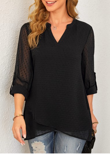 Black tops,Plain Color tops,ROTITA Crossover Hem Roll Tab Sleeve Black Blouse