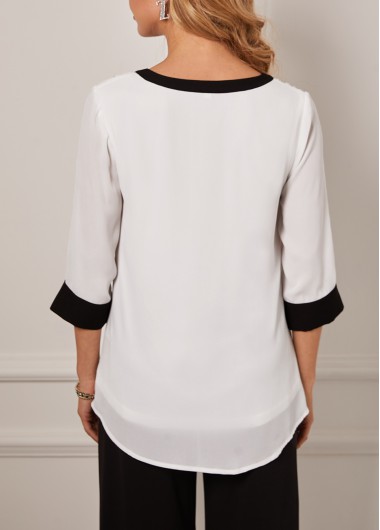 White tops,Contrast Color tops,ROTITA Double Pocket White Split Neck Blouse