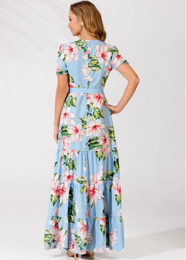 Light Blue dresses,Floral dresses,ROTITA Light Blue Floral Print Belted V Neck Tiered Dress