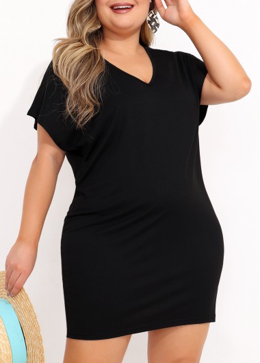 Black plus size,Plain Color plus size,ROTITA Black Plus Size Sheer Back Short Sleeve Cover Up