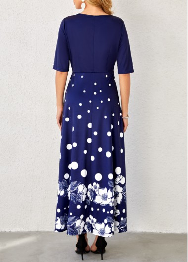 Floral dresses,ROTITA Floral Print Polka Dot Navy Blue Dress