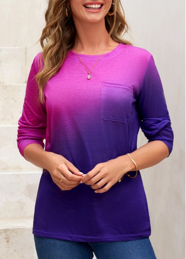 Purple tops,Ombre tops,ROTITA Contrast Purple Round Neck Ombre Pocket T Shirt