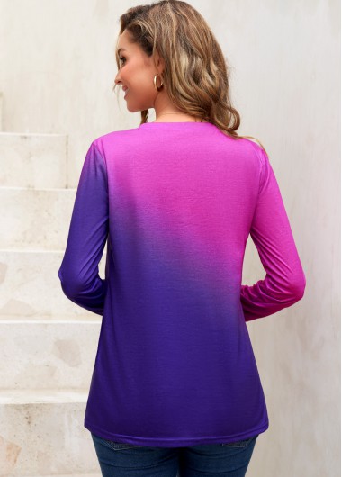 Purple tops,Ombre tops,ROTITA Contrast Purple Round Neck Ombre Pocket T Shirt