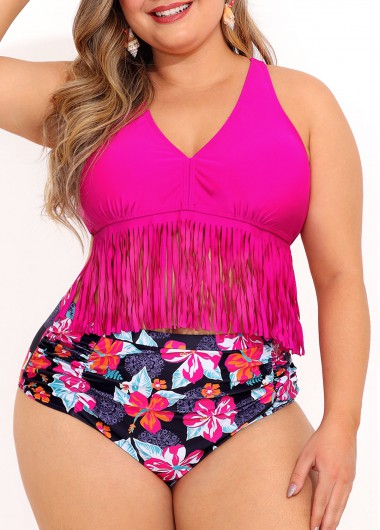 Hot Pink plus size,Floral plus size,ROTITA Tassel Plus Size Floral Print High Waist Bikini Set