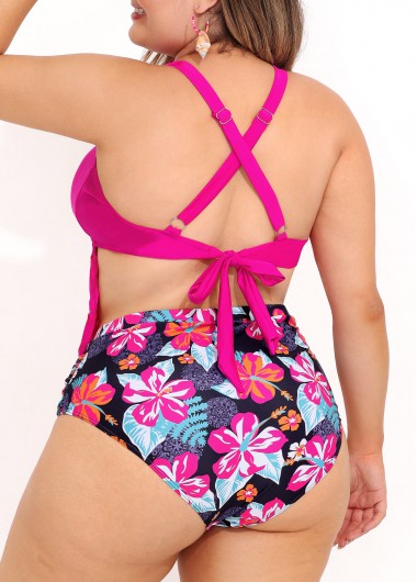 Hot Pink plus size,Floral plus size,ROTITA Tassel Plus Size Floral Print High Waist Bikini Set