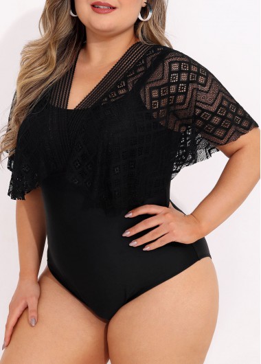 Black plus size,Plain Color plus size,ROTITA Plus Size Lace Stitching Black One Piece Swimwear