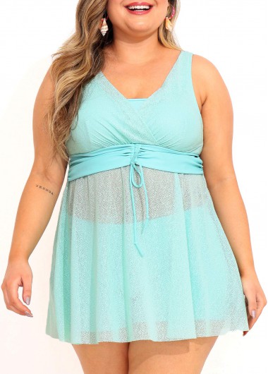 Blue plus size,Plain Color plus size,ROTITA Plus Size High Waisted Drawstring Blue Tankini Set