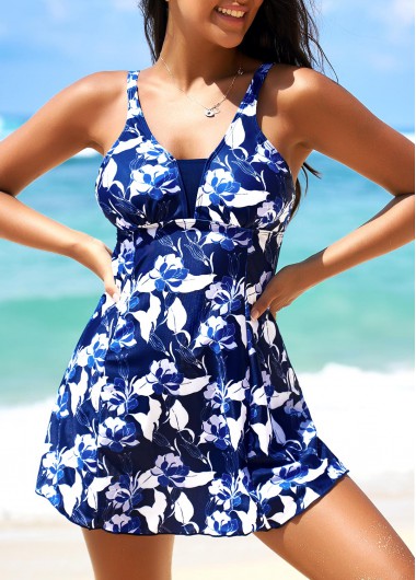 Blue swimwear,Floral swimwear,Wide Strap Blue Floral Print Swimdress and Panty
