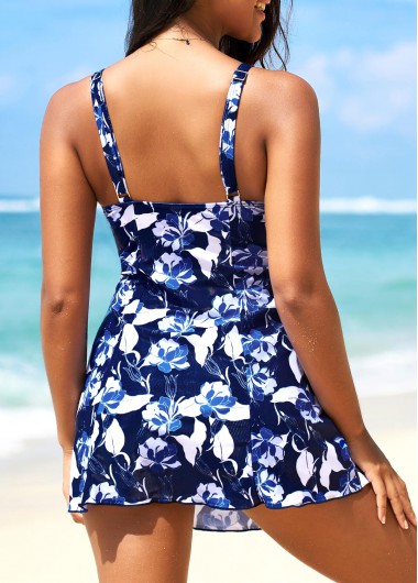 Blue swimwear,Floral swimwear,Wide Strap Blue Floral Print Swimdress and Panty