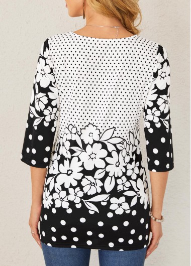 Multi Color tops,Floral tops,ROTITA Polka Dot Color Block Floral Print T Shirt