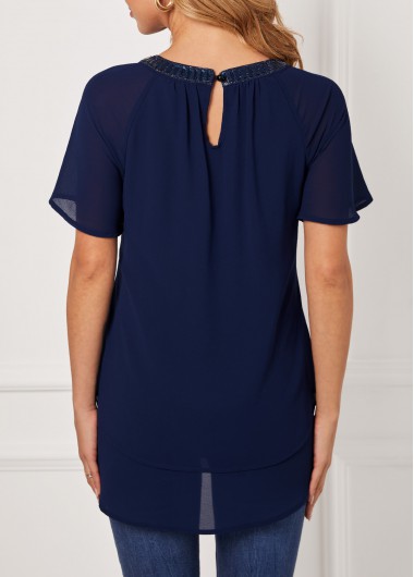 Navy tops,Plain Color tops,ROTITA Navy Blue Layered Hem Keyhole Detail Blouse