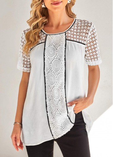 White tops,Contrast Color tops,ROTITA Lace Stitching Contrast Stitch White Blouse