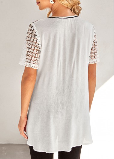 White tops,Contrast Color tops,ROTITA Lace Stitching Contrast Stitch White Blouse