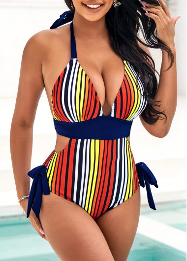 Multi Color swimwear,Rainbow Color swimwear,Striped swimwear,ROTITA Bowknot Side Striped Halter One Piece Swimwear