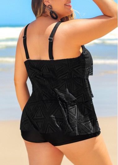 Black plus size,Plain Color plus size,ROTITA Black Plus Size Lace Layered Hem Tankini Top