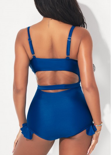 Blue swimwear,Plain Color swimwear,ROTITA Flounce Blue Tie Front One Piece Swimwear