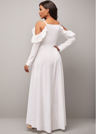 White dresses,Plain Color dresses,Strappy Cold Shoulder Flounce Decorative Button White Dress