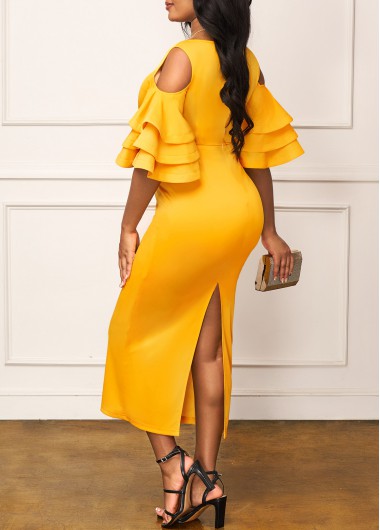 Yellow dresses,Plain Color dresses,ROTITA Layered Ruffle Sleeve Yellow Back Slit Dress