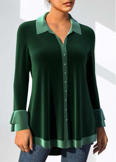 Blackish Green tops,Plain Color tops,ROTITA Dark Green Velvet Stitching Turndown Collar Blouse