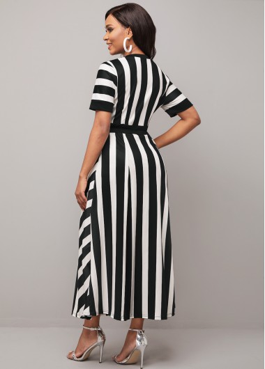 Multi Color dresses,Striped dresses,Striped Belted Round Neck Color Block Dress