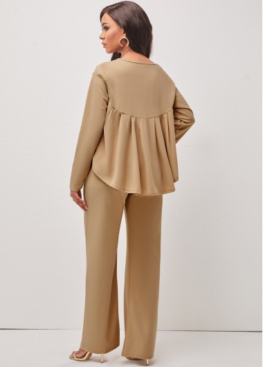 Light Camel jumpsuits & rompers,Plain Color jumpsuits & rompers,Dip Hem Light Khaki Zipper Fly Top and Pants