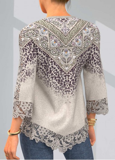 Light Coffee tops,Leopard tops,ROTITA Split Neck Leopard Lace Stitching Light Khaki T Shirt