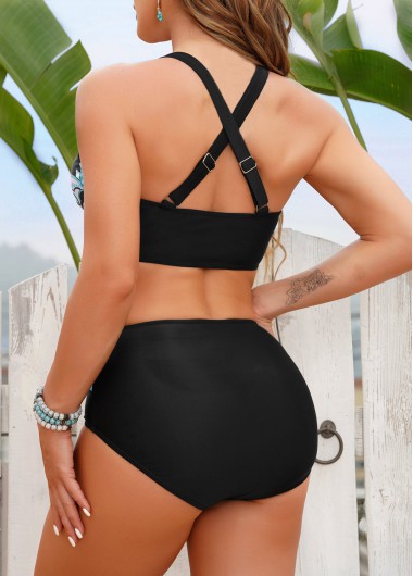 Black swimwear,Geometric swimwear,Geometric Print Cross Strap Black Bikini Set