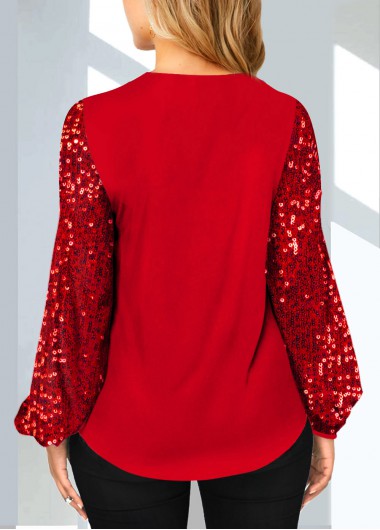 Red tops,Plain Color tops,ROTITA Sequin Cutout Red V Neck T Shirt