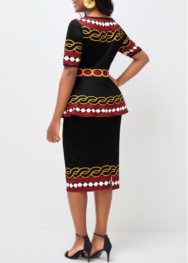 Deep Red dresses,Tribal dresses,ROTITA Black Tribal Print Round Neck Peplum Waist Dress