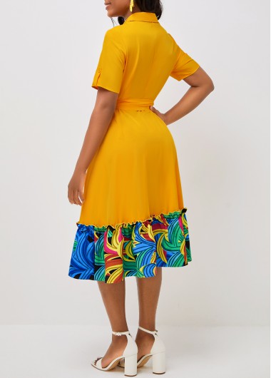 Yellow dresses,Floral dresses,ROTITA Belted Yellow Short Sleeve Turndown Collar Dress