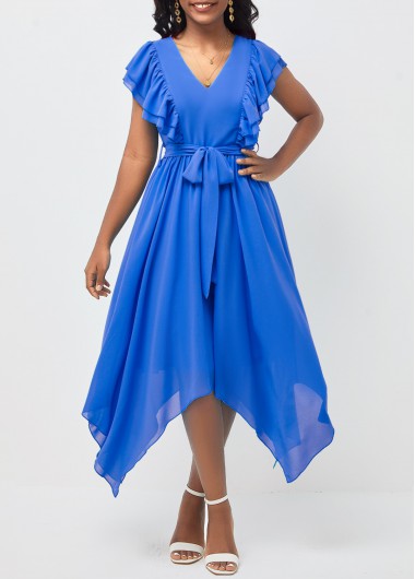 Blue dresses,Plain Color dresses,ROTITA Belted Blue Asymmetric Hem V Neck Dress