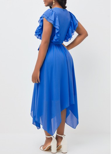 Blue dresses,Plain Color dresses,ROTITA Belted Blue Asymmetric Hem V Neck Dress