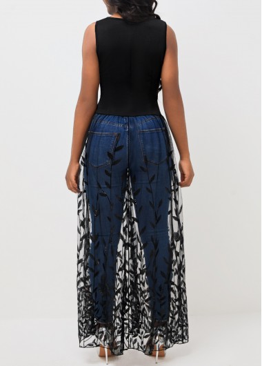 Black tops,Plain Color tops,ROTITA Round Neck Black Mesh Stitching Sleeveless T Shirt