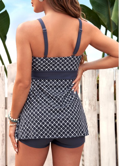 Light Grey swimwear,Geometric swimwear,Wide Strap Geometric Print Light Grey Tankini Set