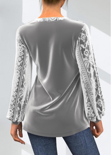 Grey tops,Plain Color tops,ROTITA Grey Velvet Stitching Lace Patchwork T Shirt