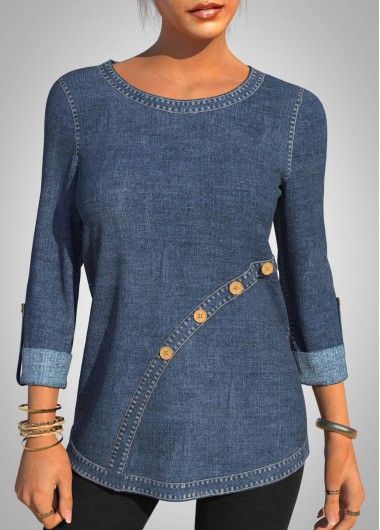Denim Blue tops,Plain Color tops,ROTITA Decorative Button Denim Blue Round Neck T Shirt