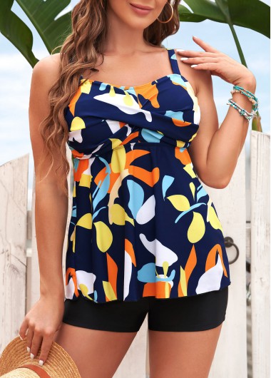 Multi Color swimwear,Floral swimwear,Multi Color Printed Front Cross Tankini Set