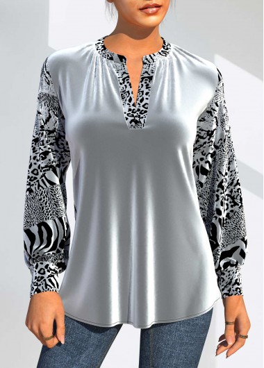 Silvery White tops,Plain Color tops,ROTITA Silver Velvet Animal Pattern Split Neck T Shirt