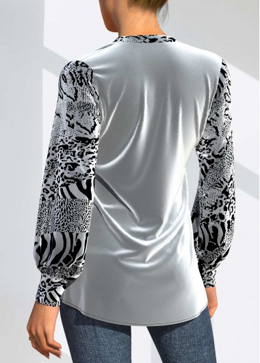 Silvery White tops,Plain Color tops,ROTITA Silver Velvet Animal Pattern Split Neck T Shirt