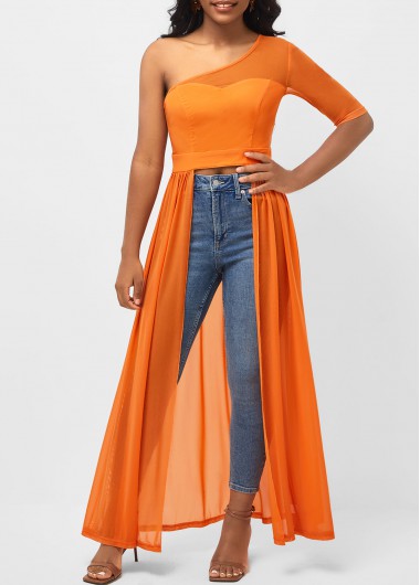 Orange tops,Plain Color tops,ROTITA Orange Fabric Stitching Skew Neck Blouse