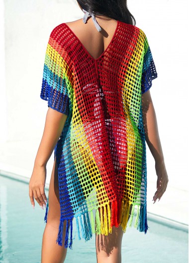 Rainbow Color swimwear,Contrast Color swimwear,ROTITA Side Slit Rainbow Color Tassel Cover Up
