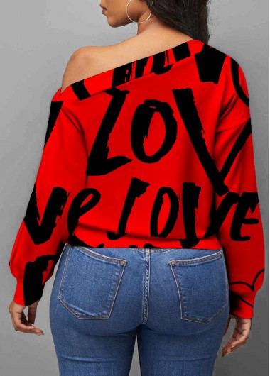 Red tops,Letter tops,ROTITA Red Letter Print Valentines Skew Neck Long Sleeve Sweatshirt