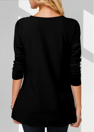 Black tops,Floral tops,ROTITA Floral Print Split Neck Long Sleeve Black Blouse