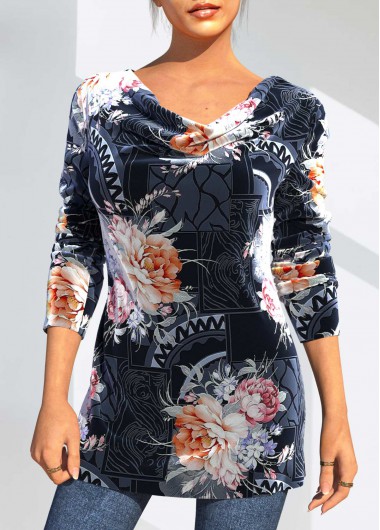 Navy tops,Floral tops,ROTITA Velvet Floral Print Navy Blue Long Sleeve T Shirt