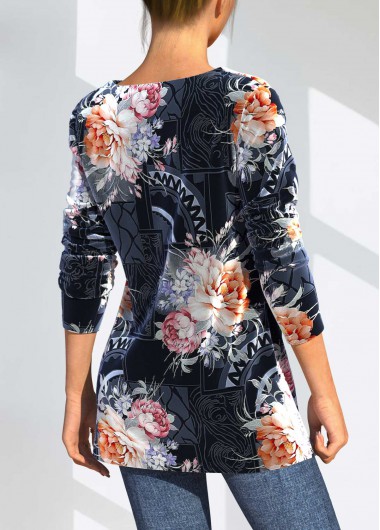Navy tops,Floral tops,ROTITA Velvet Floral Print Navy Blue Long Sleeve T Shirt
