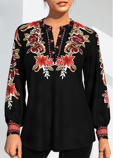 Black tops,Tribal tops,ROTITA Tribal Print Black Long Sleeve Blouse