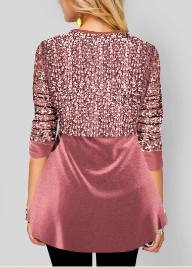 Pink tops,Plain Color tops,ROTITA Valentines Pink Sequin Velvet Stitching Blouse