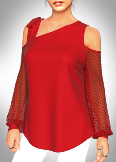 Red tops,Dot tops,ROTITA Valentines Red Polka Dot Mesh Stitching T Shirt